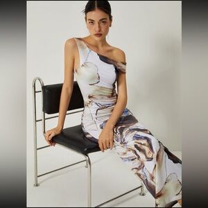 Commense Cream and Brown One Shoulder Sheath Dress